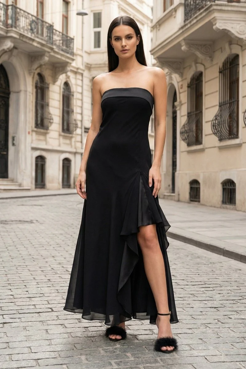 Black - Strapless Sheath Chiffon Ankle Length Prom Dress With Slit
