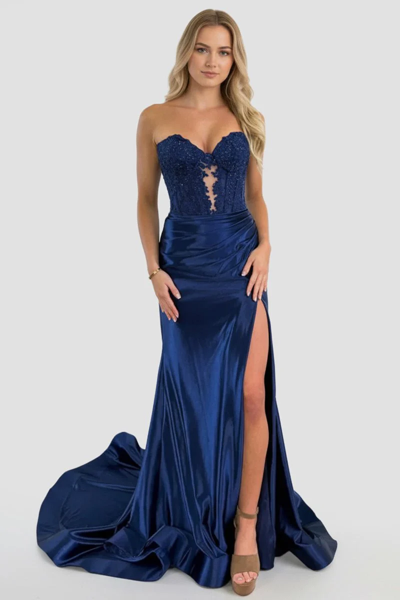 Royal Blue Strapless Lace Mermaid Long Prom Dresses With Slit