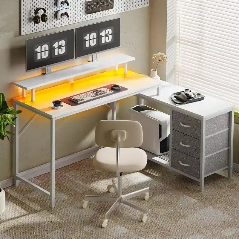 L-Shaped Corner Desk with LED Lighting and Storage