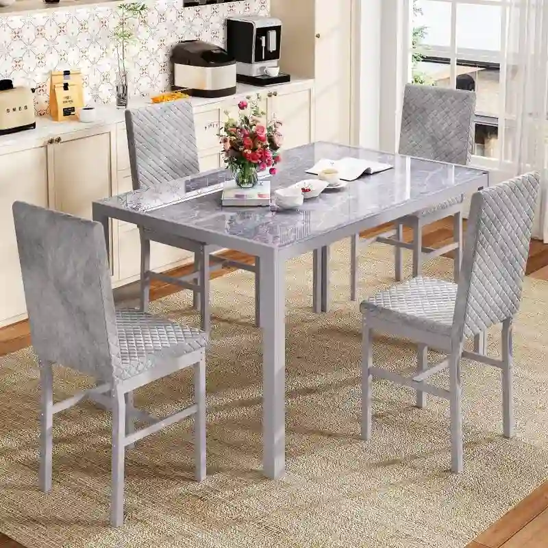 Modern Dining Room Table with Tempered Glass Tabletop and Diamond Stitching PU Leather Chairs