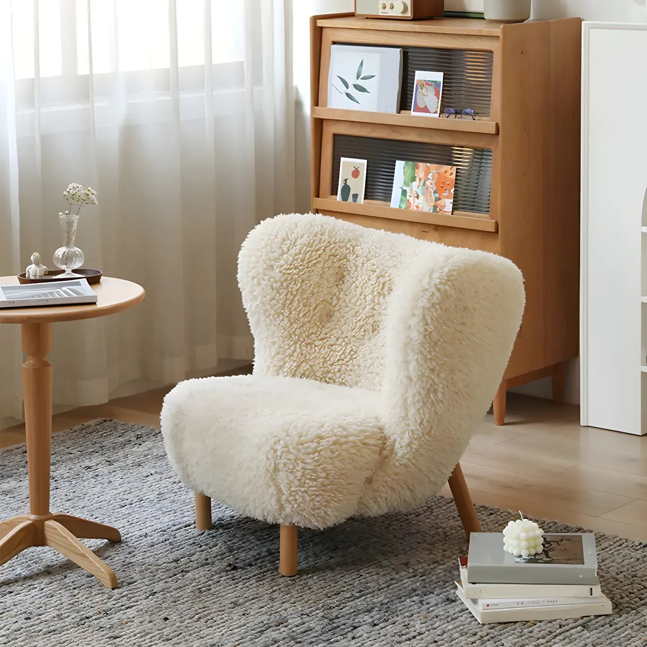 Mid-Century Modern Flannel Accent Chair in Off-White