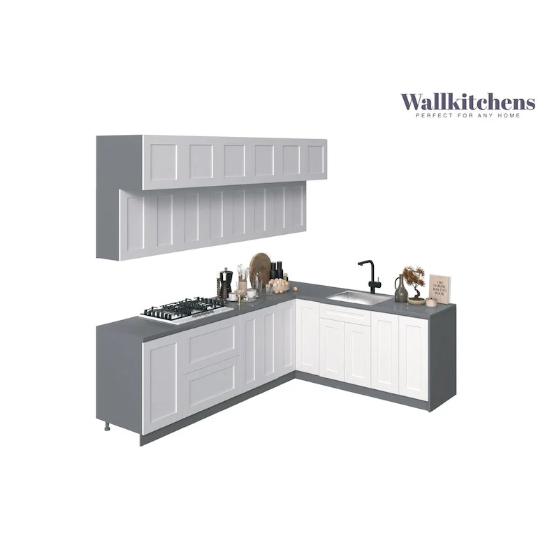 White Matte Modern Kitchen Cabinet Set, 9 ft Wide, 1–2 Person