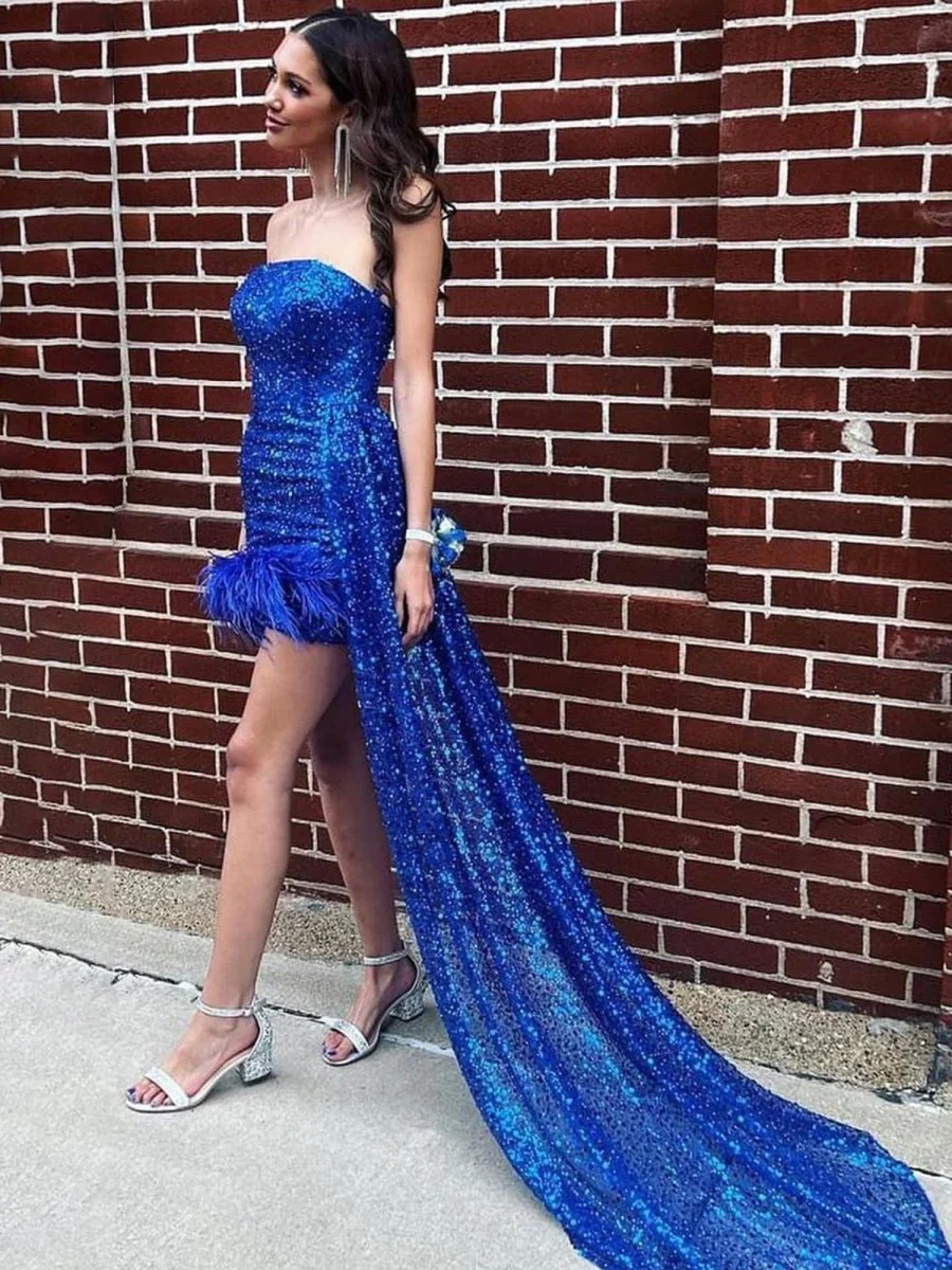 Royal Blue - Strapless Bodycon Sequins Homecoming Dresses With Feather