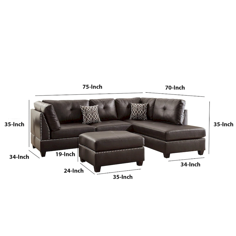 Plushed Bonded Leather 3 Pieces Sectional Set In Brown