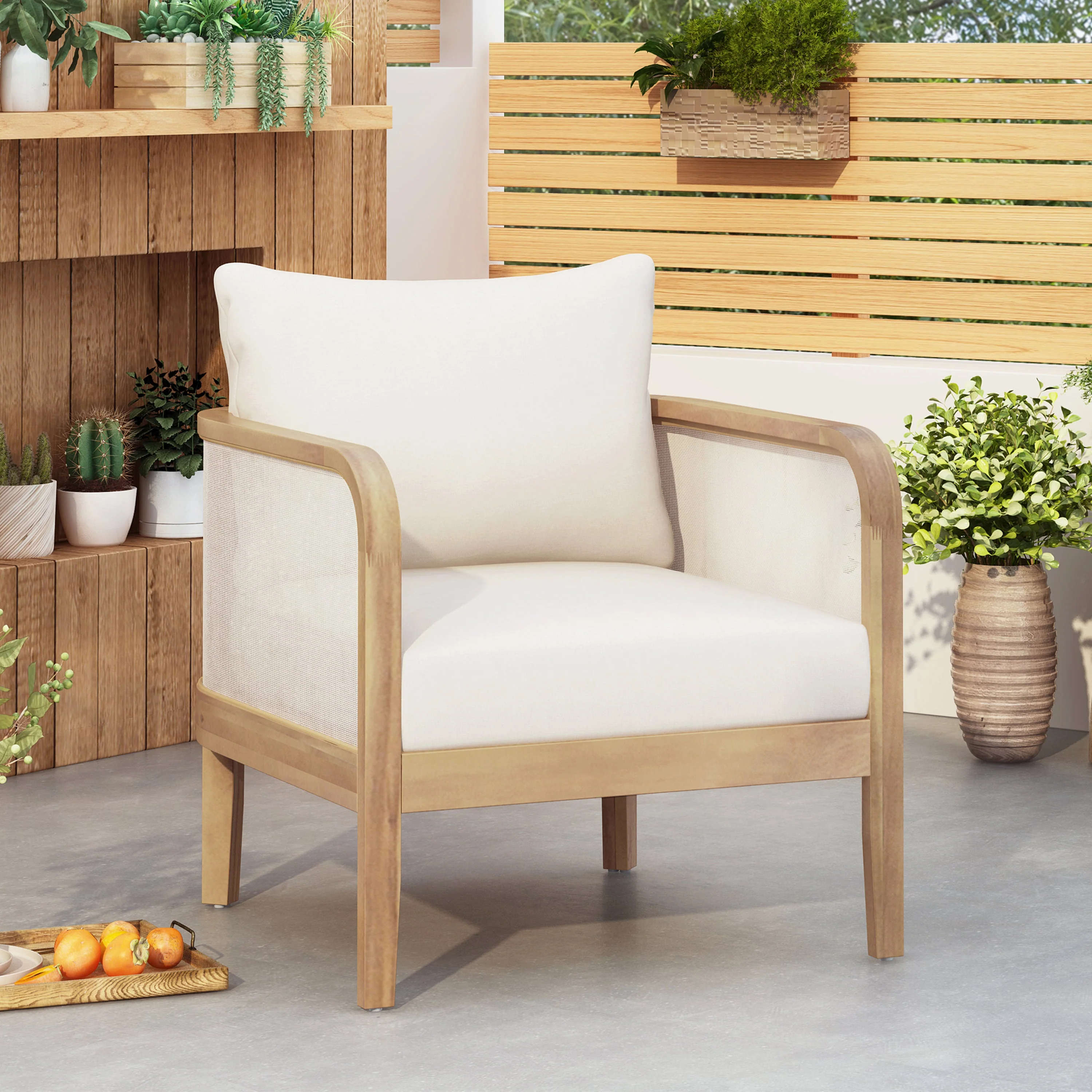 Modern Acacia Wood Outdoor Club Chair with Beige Water-Repellent Cushions