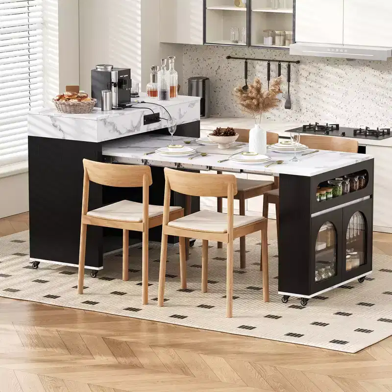 GDFStudio Edith Extendable Dining Table and Rolling Kitchen Island with Drawers