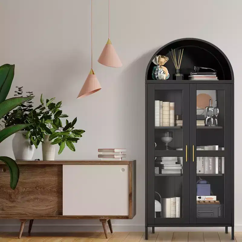 73 Arched Metal Storage Cabinet, Kitchen Pantry Cabinet with Glass Doors, Freestanding Display Cabinet with 2 Adjustable Shelves