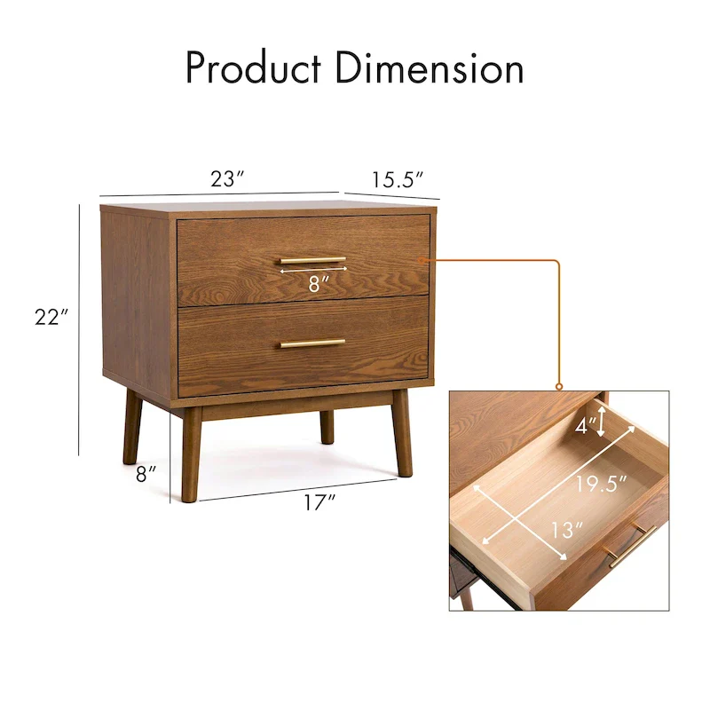 Furniture of America Beau Midcentury Walnut 2-Drawer Nightstand