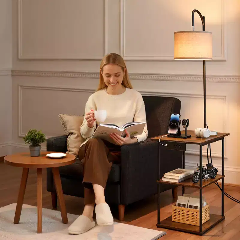 VEVOR Floor Lamp with Table, Narrow 3-Tier End Table with Open Shelves & 3 Color Temperature Lighting, USB & Type C & AC Charging Port,Brown & Black