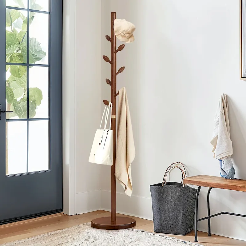 Rubberwood Freestanding Coat Rack, Coat Tree with 8 Bud-shaped Hooks - 15.75Dia. x 72.44H