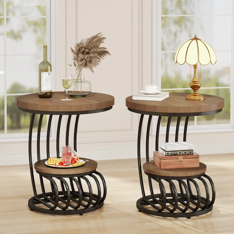 White & Gold / Dark Brown / Light Brown Round 2-Tier Side Table