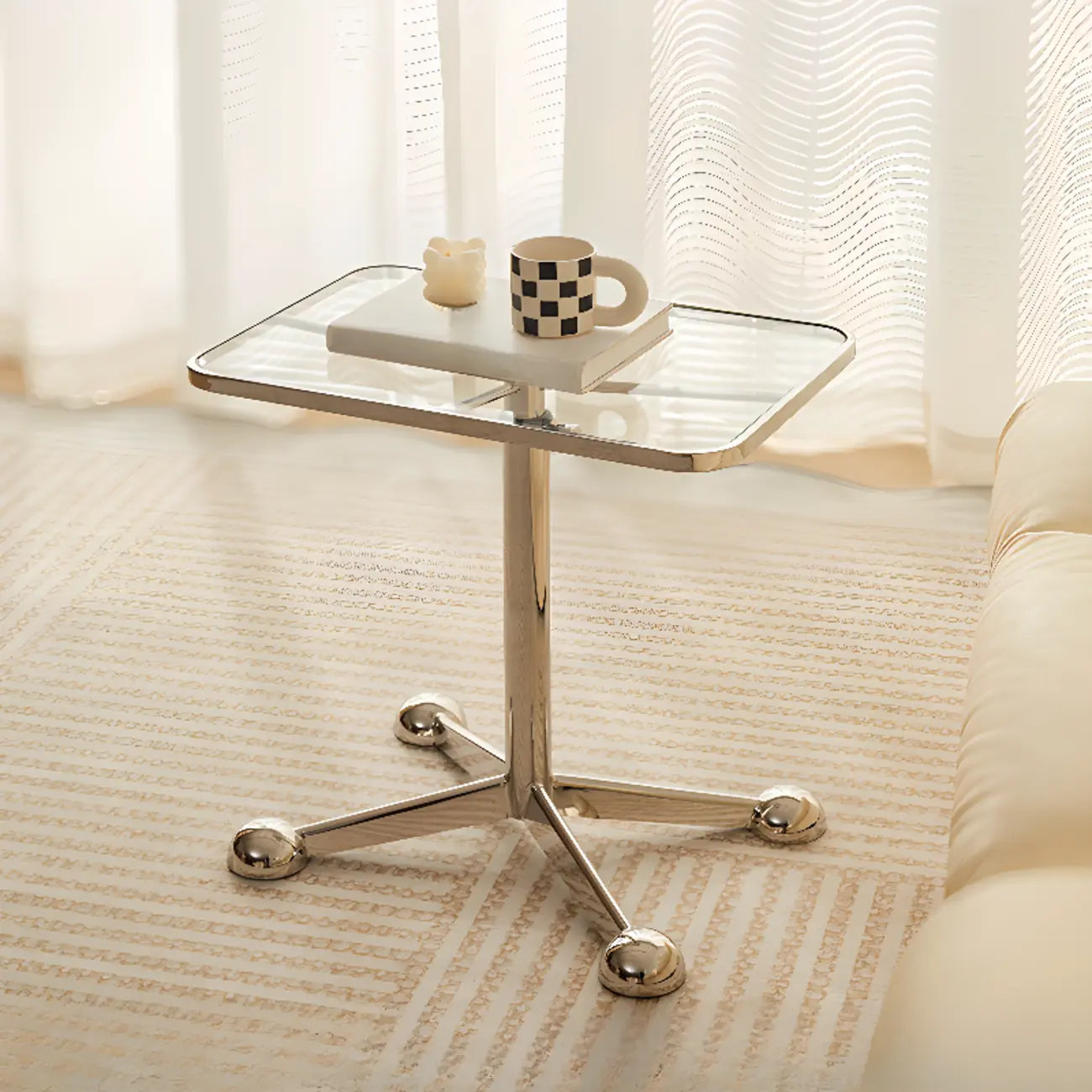 Adjustable Glass Side Table with Wheels and Metal Legs