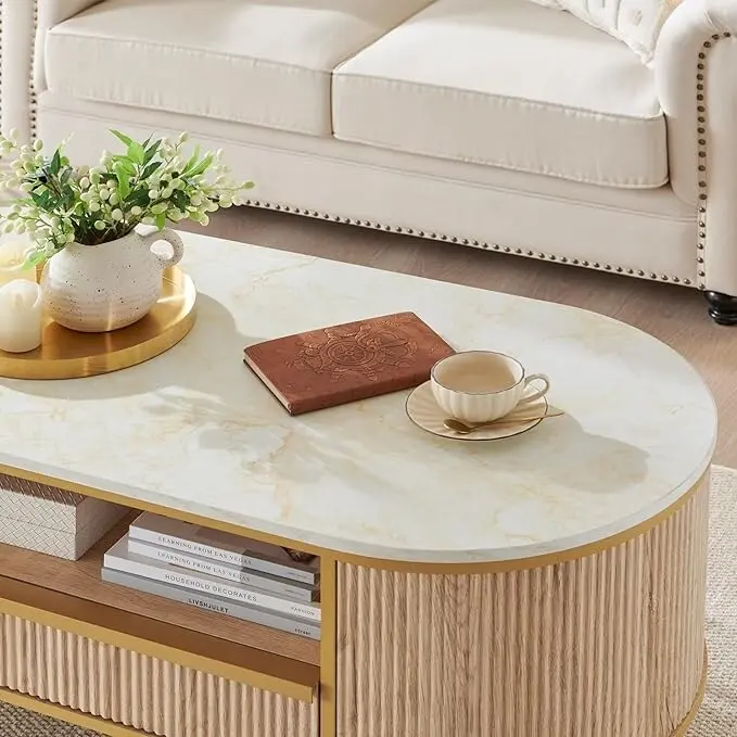 Modern Luxury Fluted Coffee Table, Center Table with Faux Marble Top