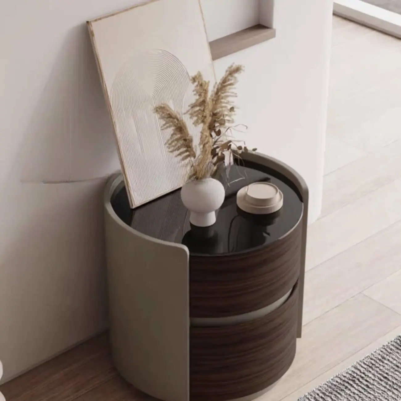 Narrow Pine Wood Soft-Close 2 Tier Round Bedside Table