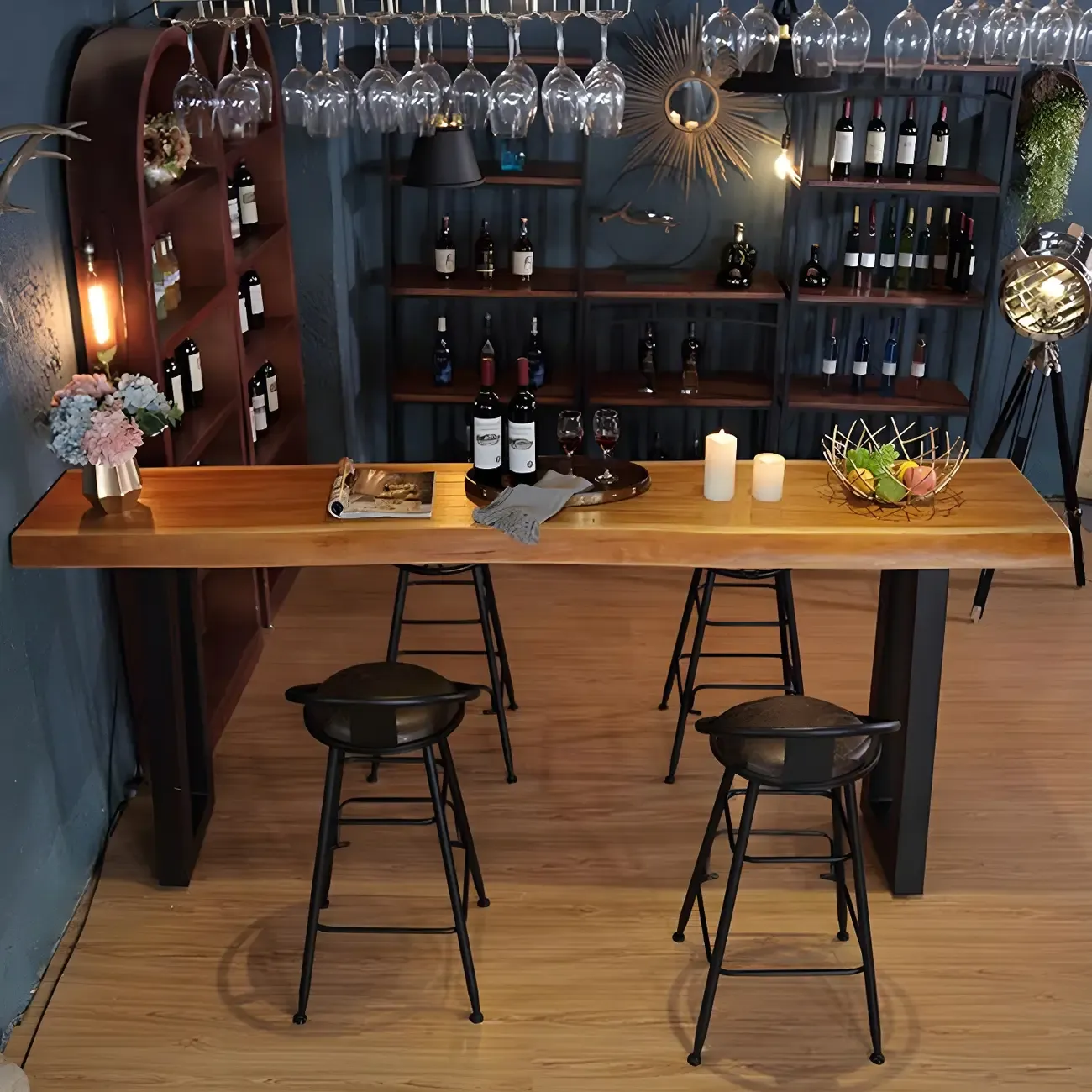 Industrial Brown Pine Rectangular Bar Table with Metal Sled Base