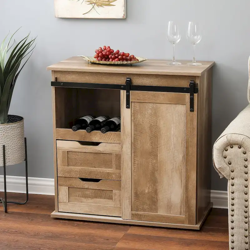 Natural Oak Finish Manufactured Wood Wine and Storage Cabinet