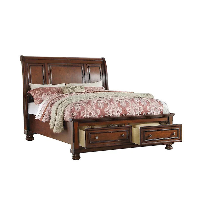 Sleigh Bed With 2 Drawers, Cherry Brown