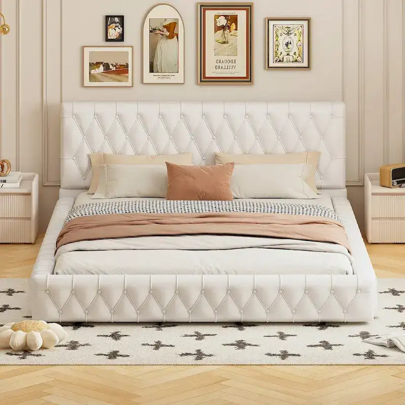 Queen Size Upholstered Bed with Tufted Headboard