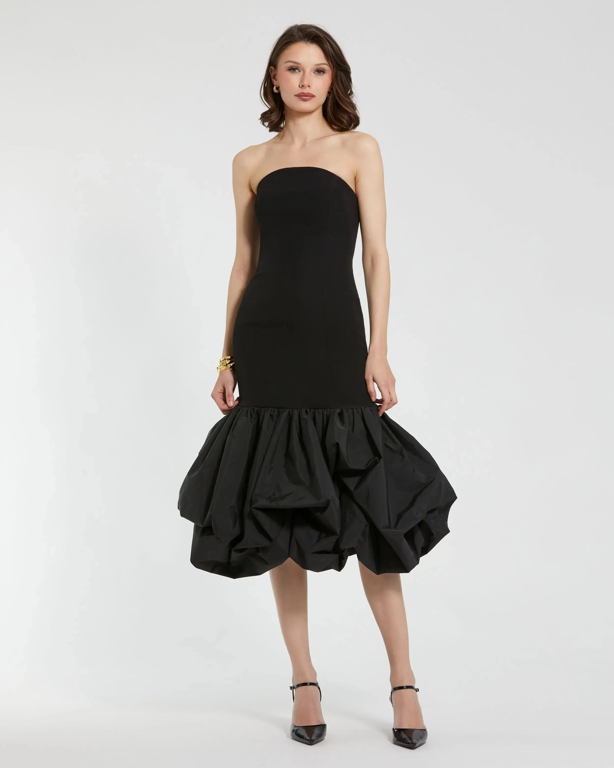 Black Crepe Strapless Midi Dress With Bubble Hem
