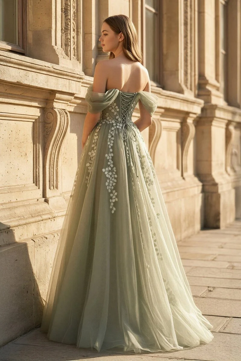 Gray Green Off The Shoulder Tulle Prom Dress With Appliques