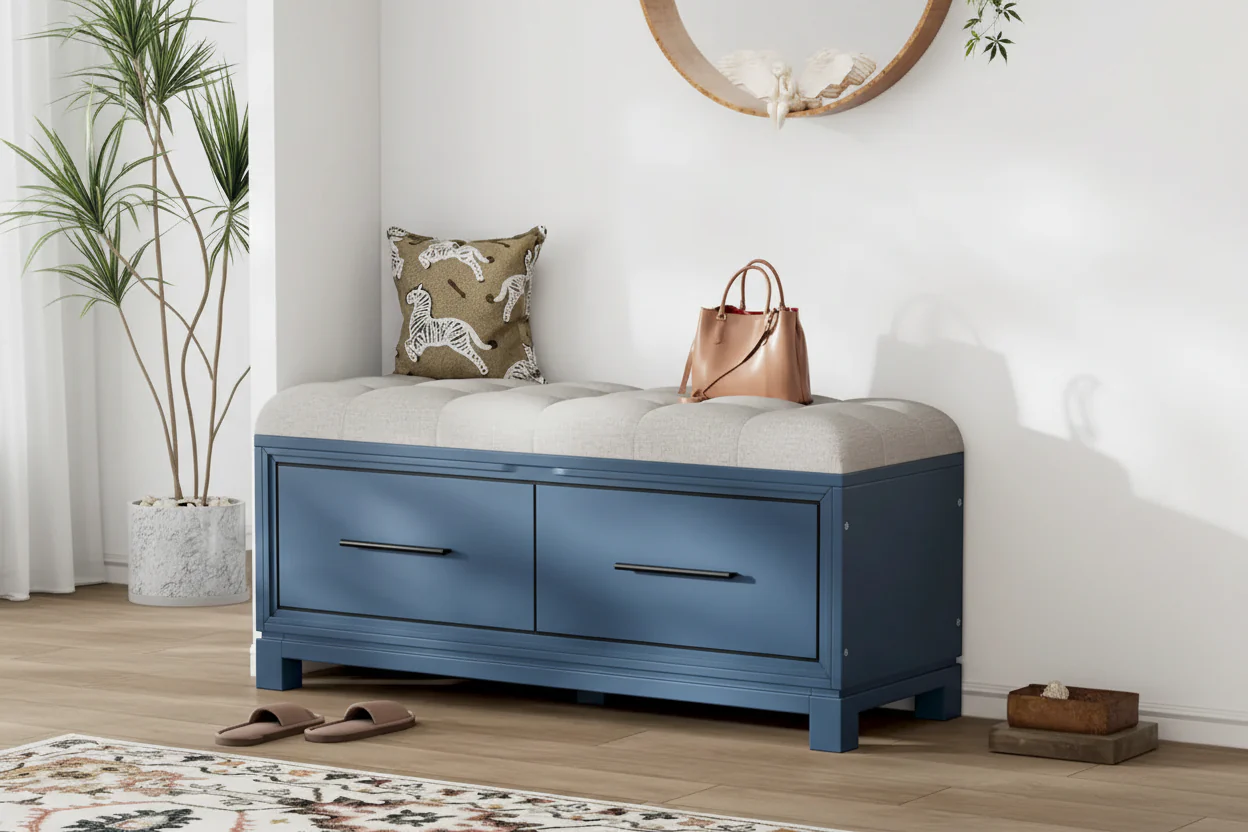 Natural / White / Navy / Espresso Storage Bench with Removable Cushion & Hidden Storage – Single