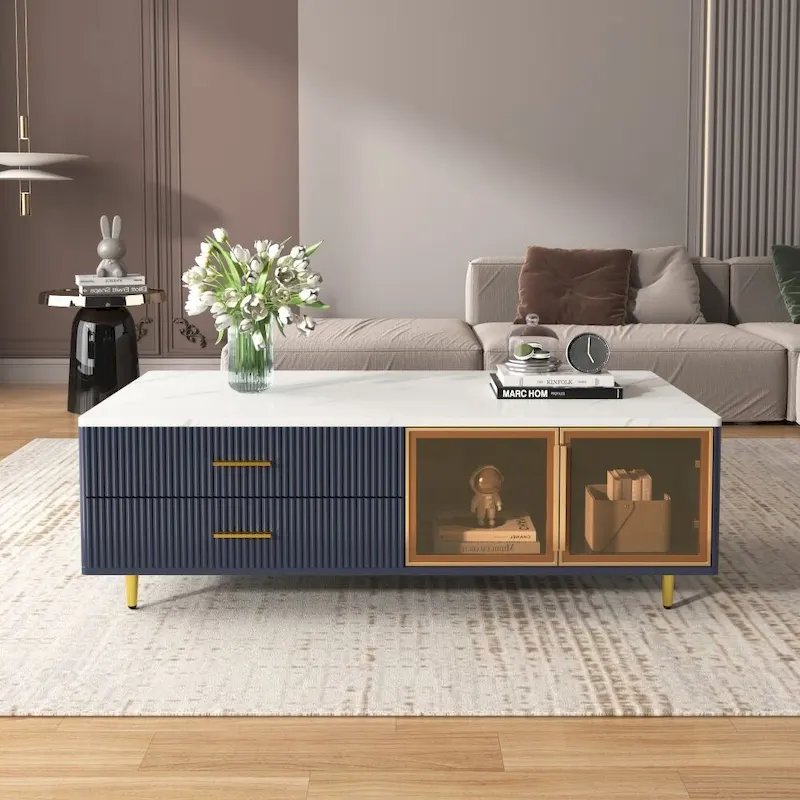 Modern Coffee Table with 2 Glass Door Storage with 4 Drawers