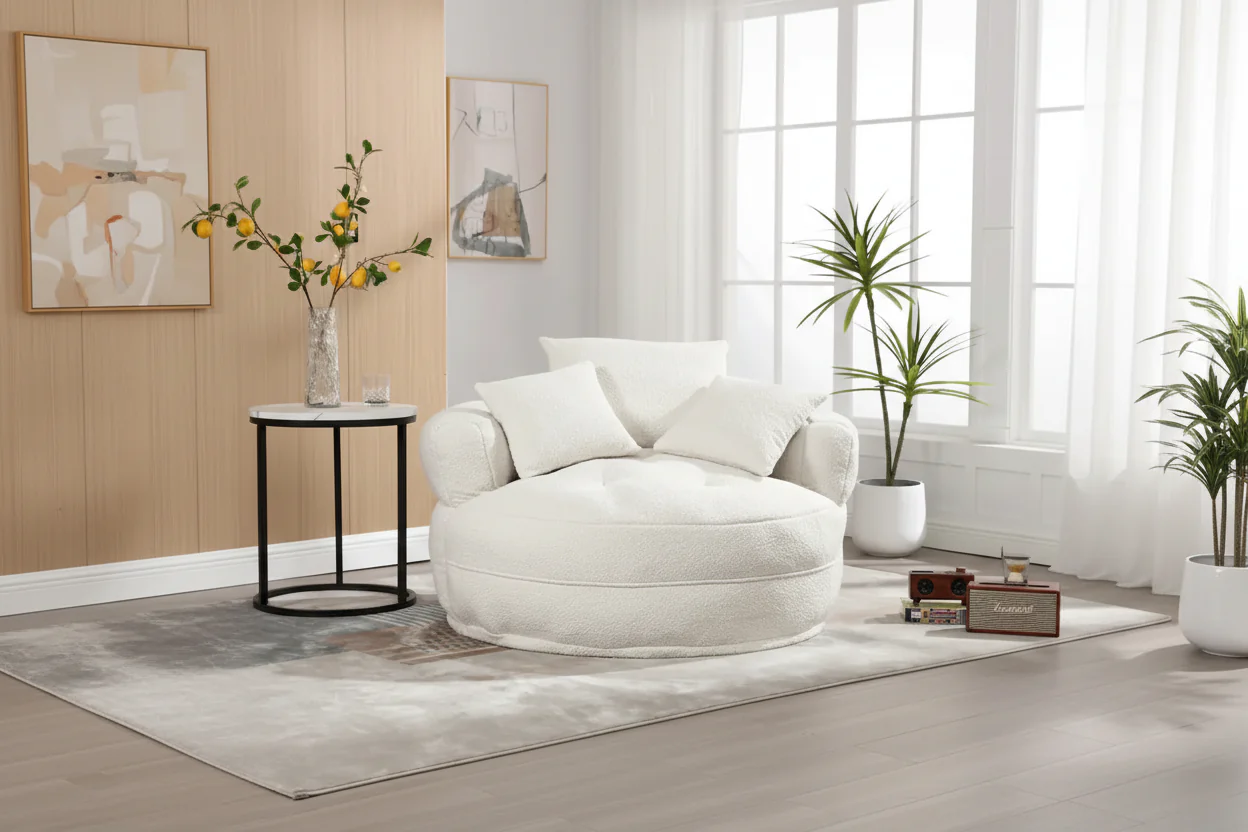 Oversized Round Fabric Lounge Chair with Curved Back