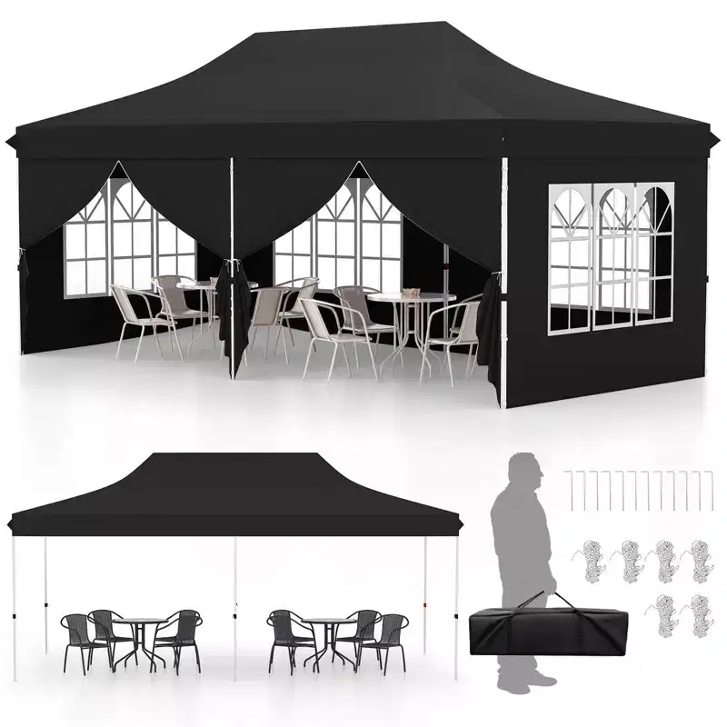 Costway 10 x 20FT Pop up Canopy Outdoor Canopy Tent with 6 Sidewalls Carrying Bag Blue/Black/Gray/White/Pink