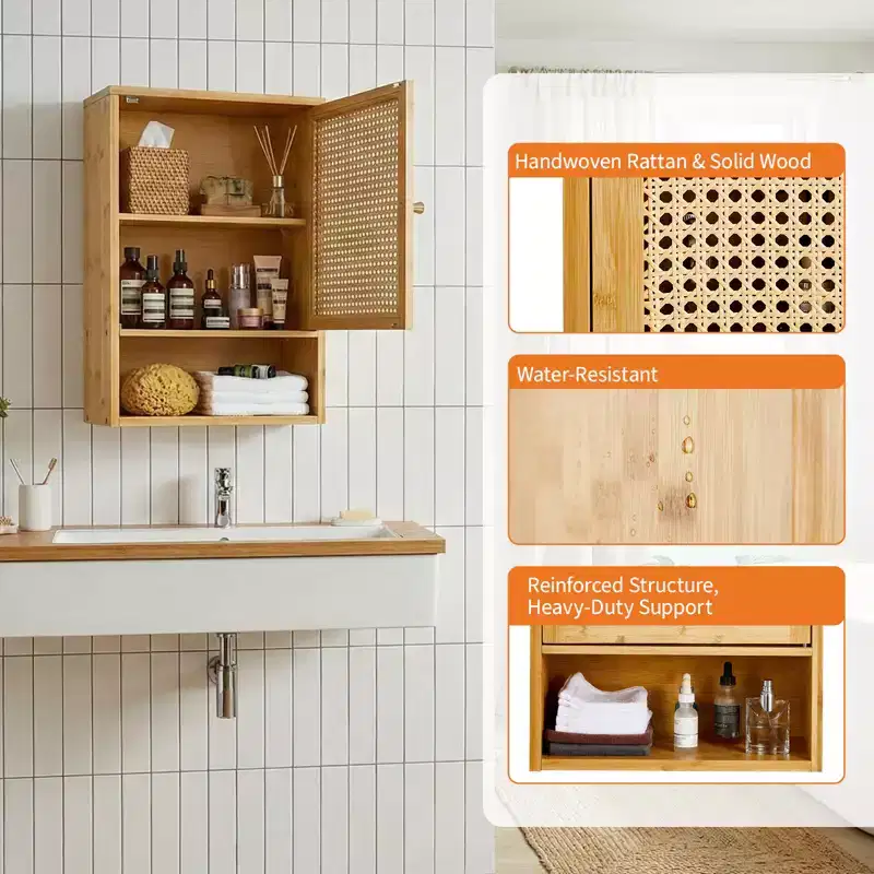 Bamboo Wall Cabinet with Rattan Doors, Adjustable Shelf Compact Storage Organizer for Bathroom, Kitchen, Laundry or Living Room