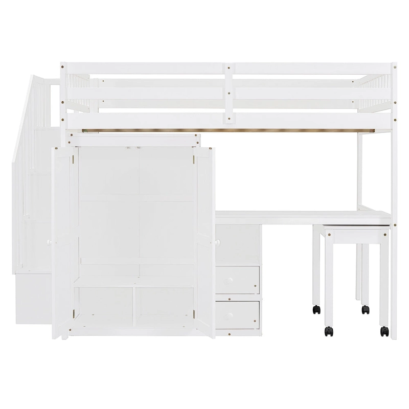 Full Size Loft Bed with Stairs, Bookshelf, Desk & Wardrobe - Space-Saving Multifunctional Furniture for Kids & Teens-White