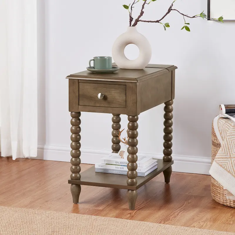 Traditional 23.6 Spindle Leg Wood End Table with USB