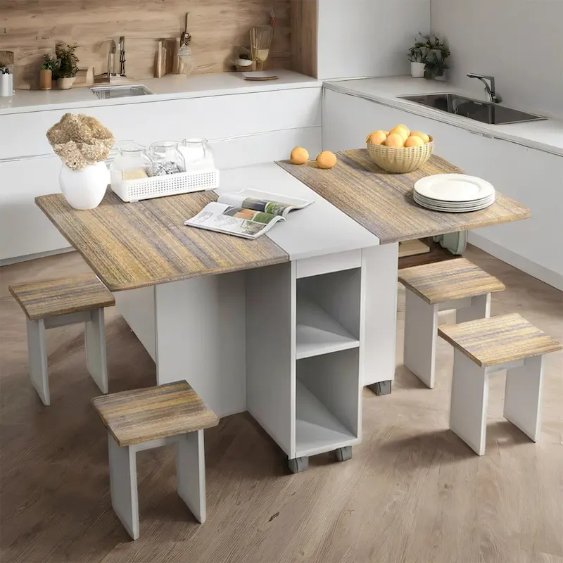 5 Pieces Rolling Wood Extendable Dining Table Set with 4 Chairs