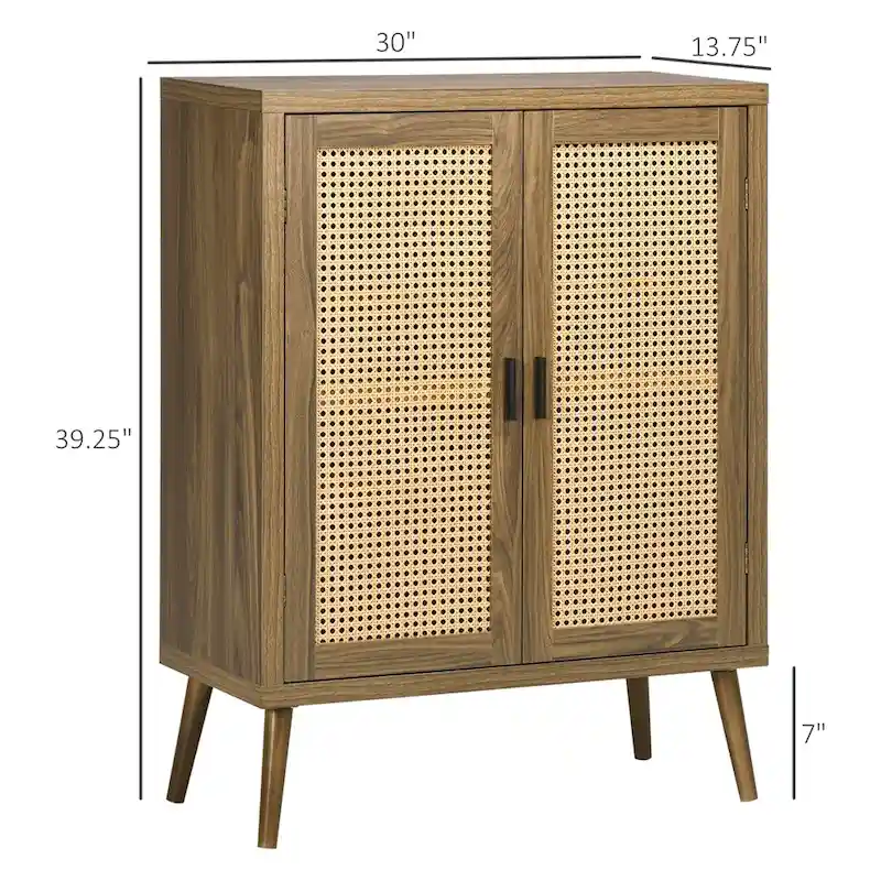 Wood Sideboard Buffet Cabinet with Rattan Doors and 3-Tier Shelves