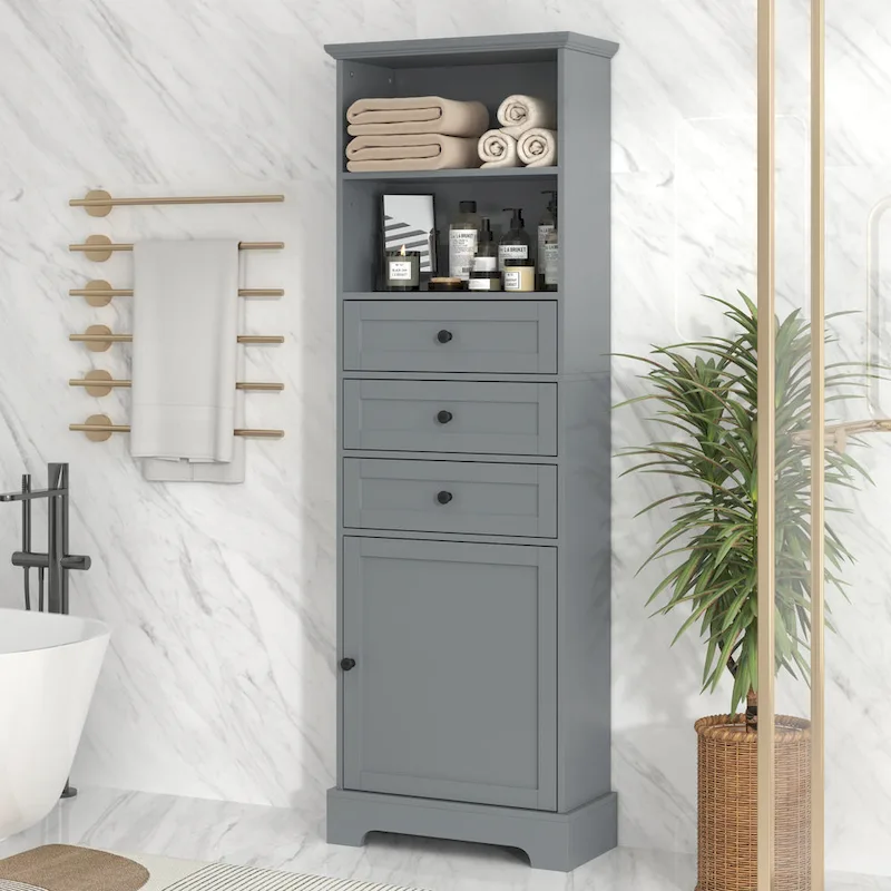 White & Grey Tall Storage Cabinet, 3 Drawers & Adjustable Shelves, 1-Person