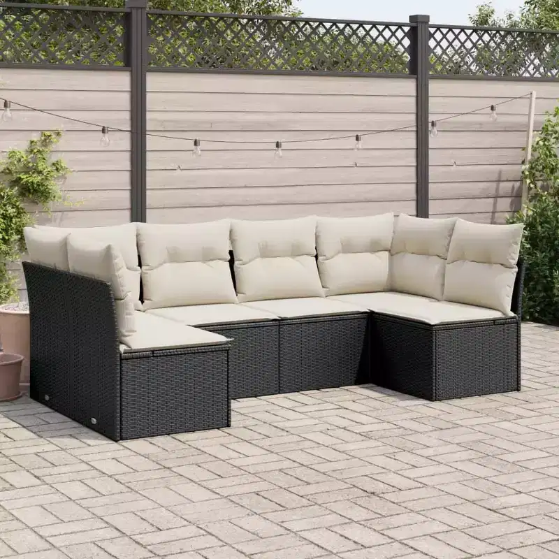 vidaXL 7 Piece Patio Sofa Set with Cushions Poly Rattan - With Table Black and Cream