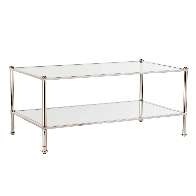 Silver Rectangle Coffee Table with Glass Top & Mirrored Shelf – Glam Style, Living Room Use