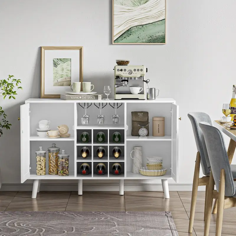 White & Rattan 2-Door Buffet Sideboard with Wine Rack & Glass Holder