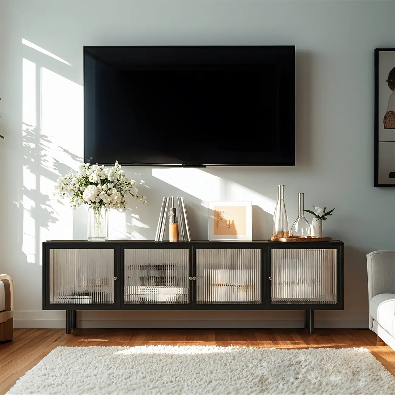 Industrial Black Glass Dooor Metal Shelf Cabinet TV Stand