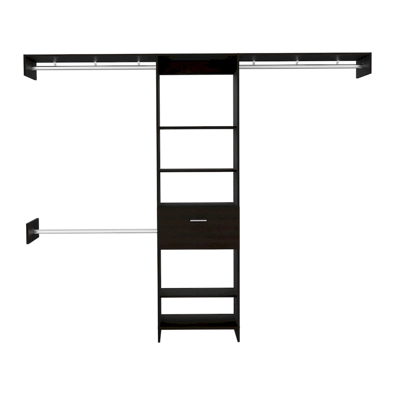 FM Furniture Cross Closet System with Drawer, 3 Metal Rods, and 5 Open Shelves