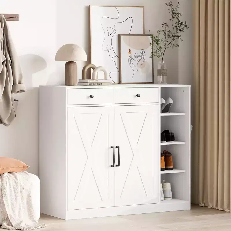 Shoe Storage Cabinet, 5-Tier Farmhouse Shoe Cabinet with 2 Barn Doors & 4 Cubbies, Entryway Organizer for Hallway, Foyer, Rustic