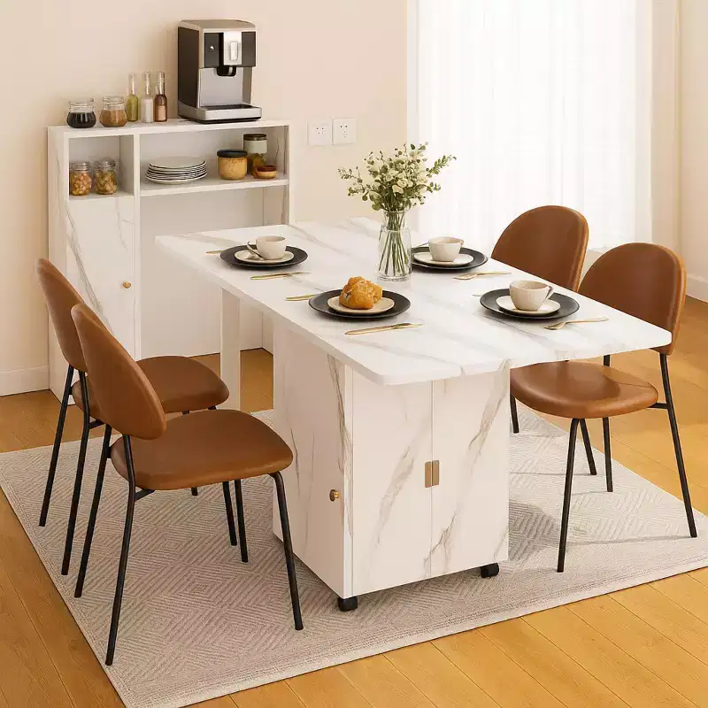 Homy Casa Foldable Dining Table with Storage, White Marble Finish  Multifunctional Space-Saving Design