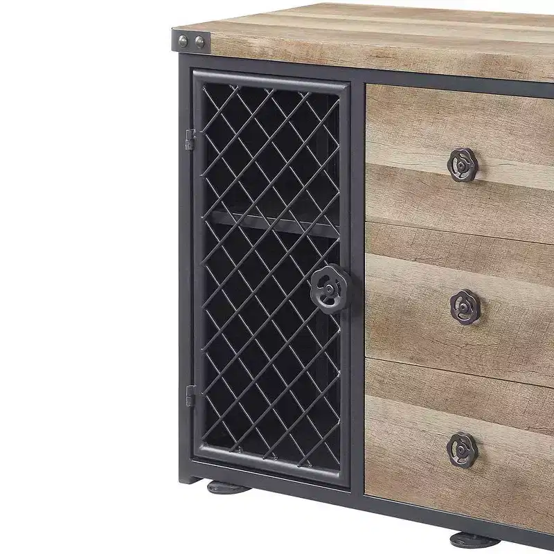 Edina 50" Kitchen and Dining Cabinets Oak and Sandy Black - Acme Furniture: Sideboard Buffet with Metal Frame, MDF Surface