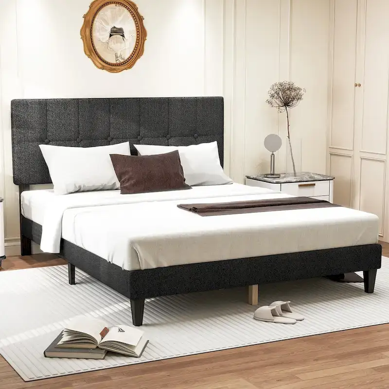 Full Bed Frame with Adjustable Headboard, No Box Spring Needed, Linen Upholstered Platform Bed Frame with Wood Slats Support