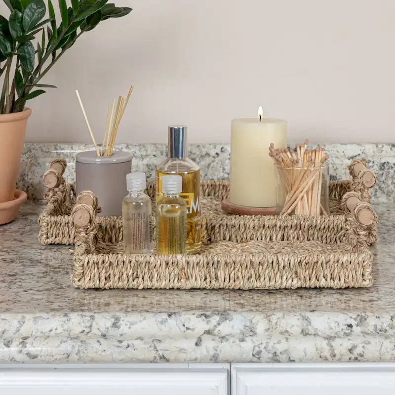 Household Essentials Handwoven Seagrass Tray Set with Wood Handles, Set of 2 - 15.7 L x 9.8 W x 3.1 H