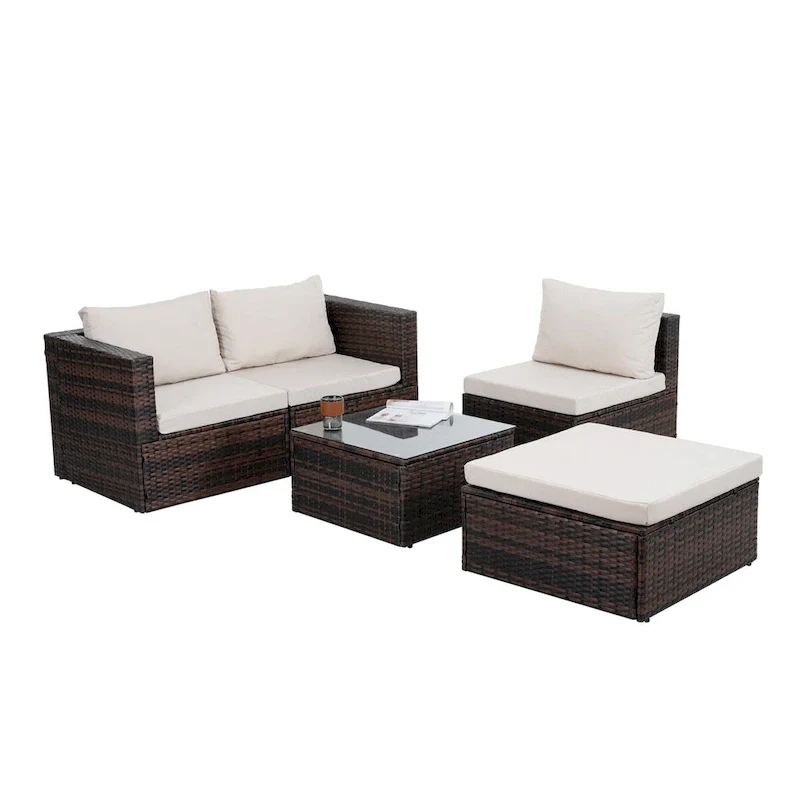 5 Set Wicker Furniture With Tempered Glass Coffee Table