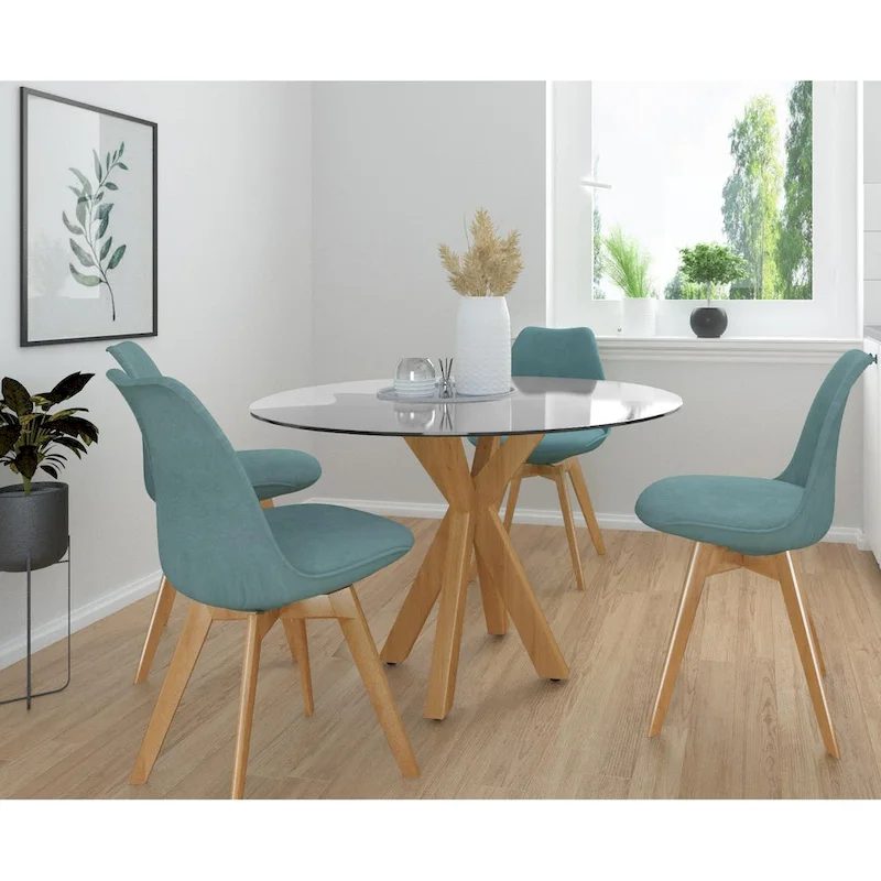 Round Glass Top Dining Table with Spider Metal Legs – Oak – Seats 4