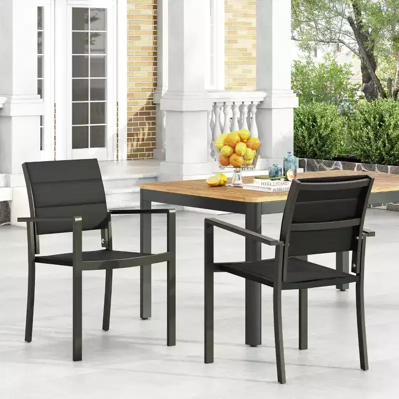Modern Outdoor Dining Chair Set with Aluminum Frame, Mesh Seating, and Faux Wood Accents Design for Patios, Gardens, and Backyard Dining Black