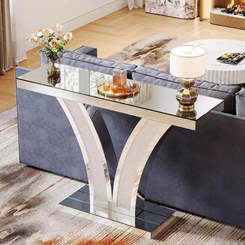 Lantine Mirrored Console Table, Modern Silver Entryway Sofa Table with Crystal Inlay Frames for Living Room, Hallway, Foyer