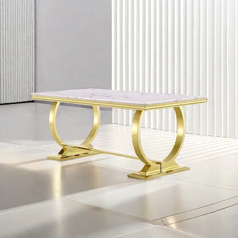 White & Brushed Gold Tempered Glass Dining Table with Tapered Barrel Base – Seats 6–8