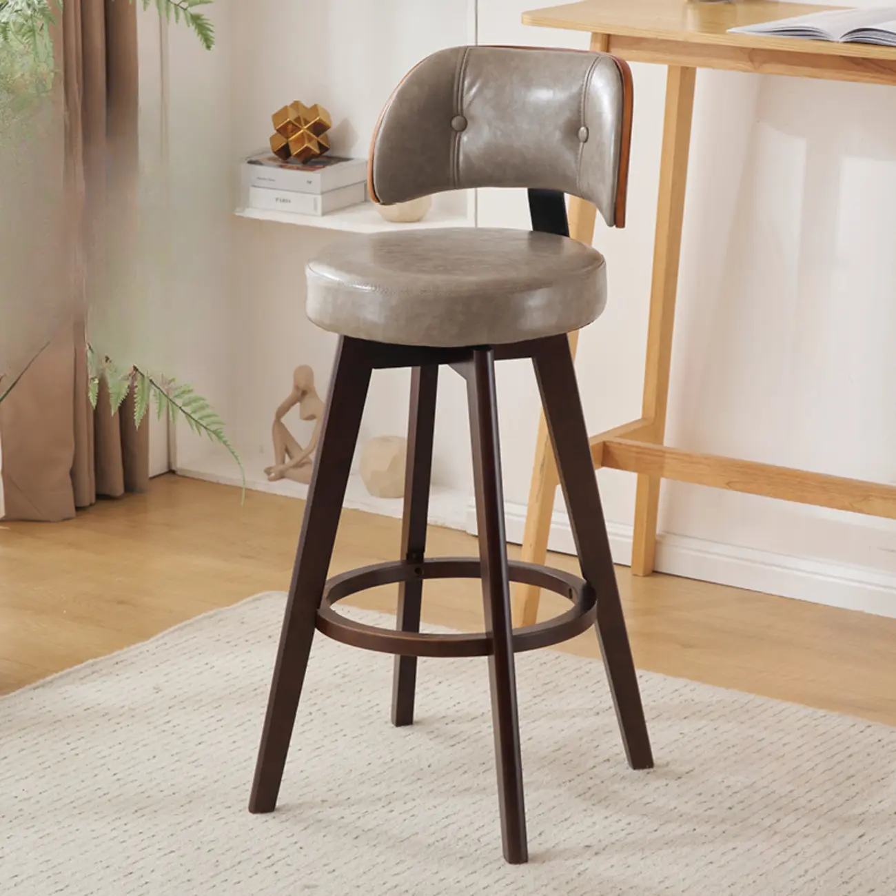 Natural Wood Round Leather Swivel Bar Stools
